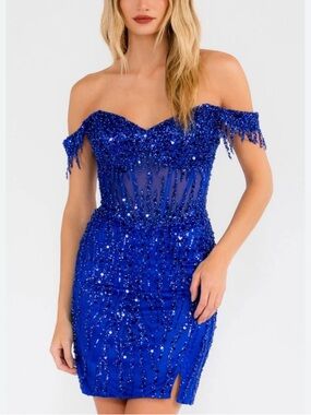 < Juliet Blue Sequin Embellished Formal Off The Shoulder Mini Dress >